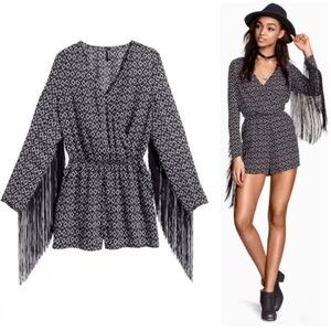 H&M + Coachella Fringe Long Sleeve Black & White Romper Size 4